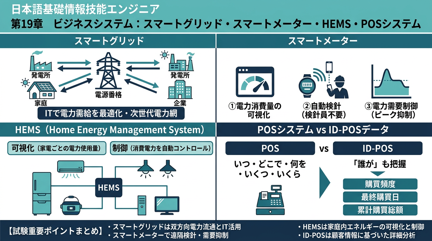 スマートグリッド・スマートメーター・HEMS・POSシステムの図解