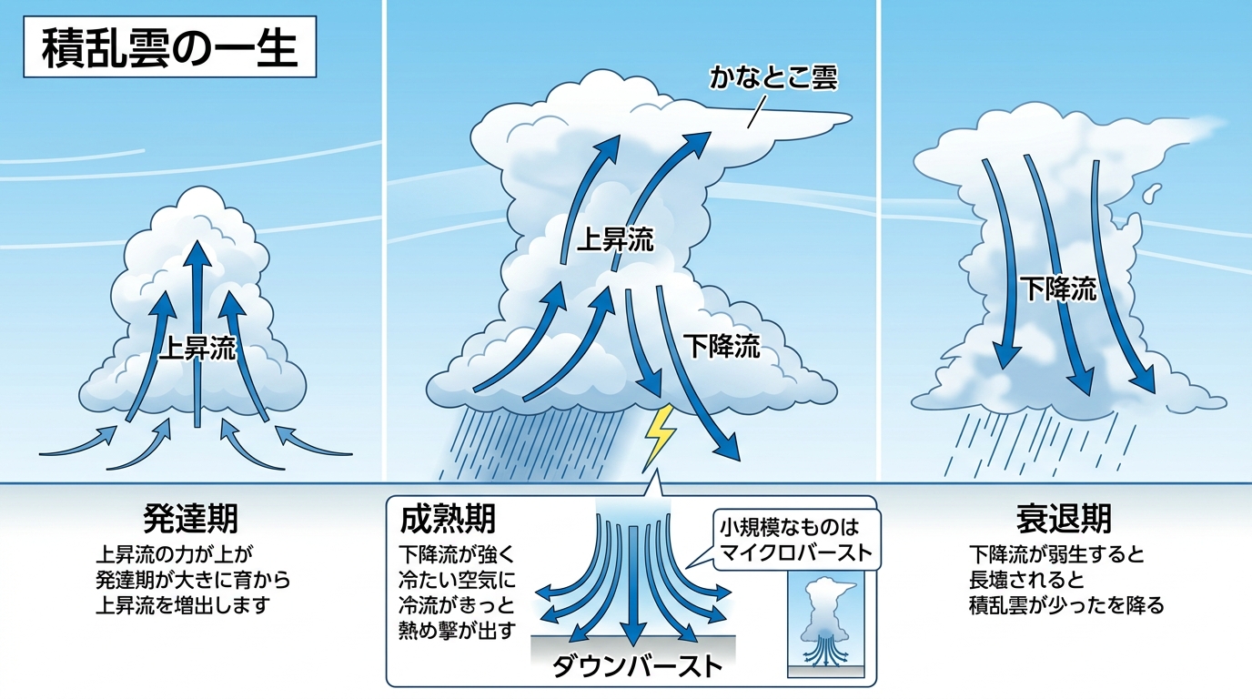 積乱雲の一生（発達期・成熟期・衰退期）とダウンバーストの概念図
