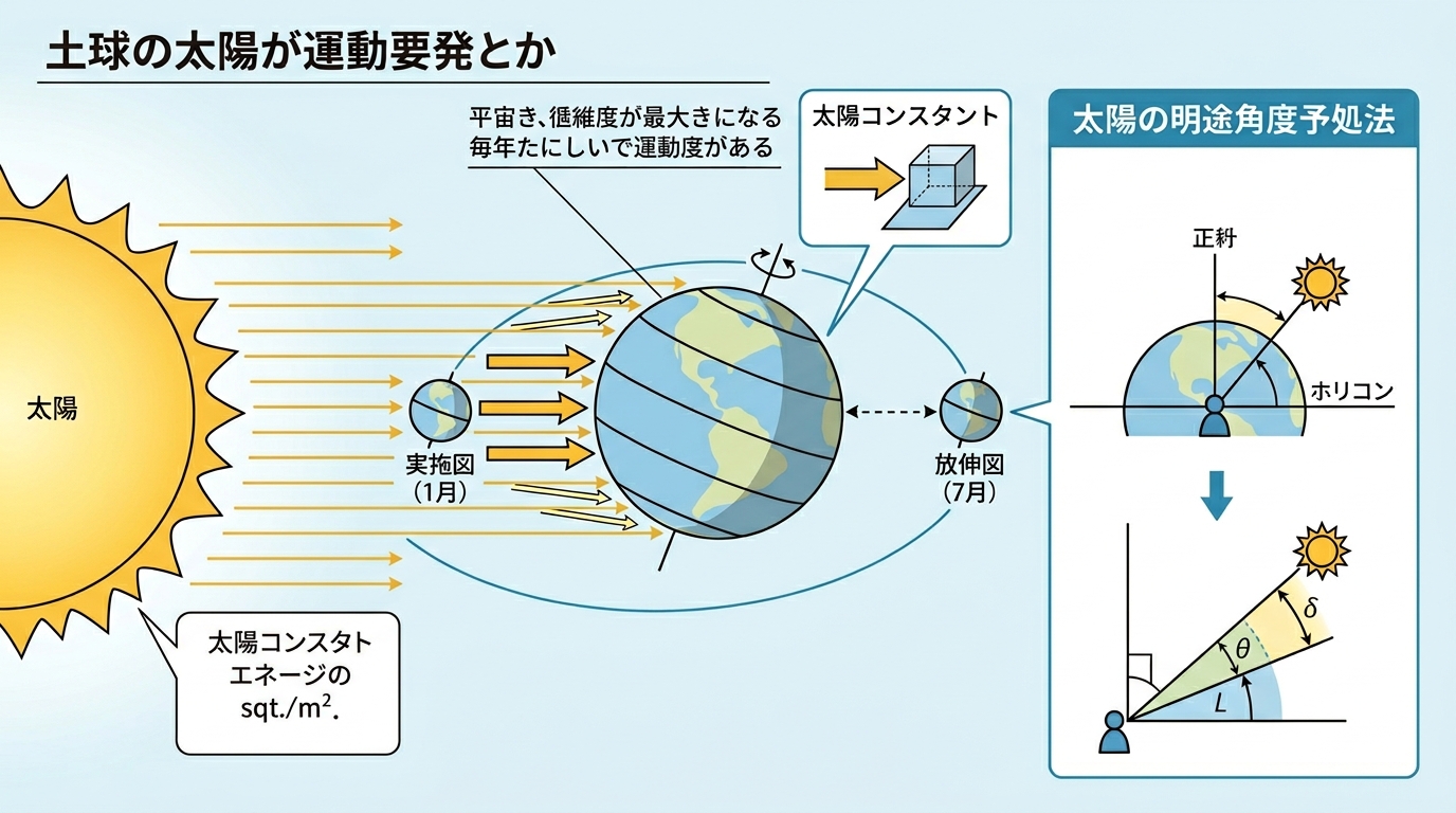 太陽放射と地球のエネルギー収支、南中高度角の概念図