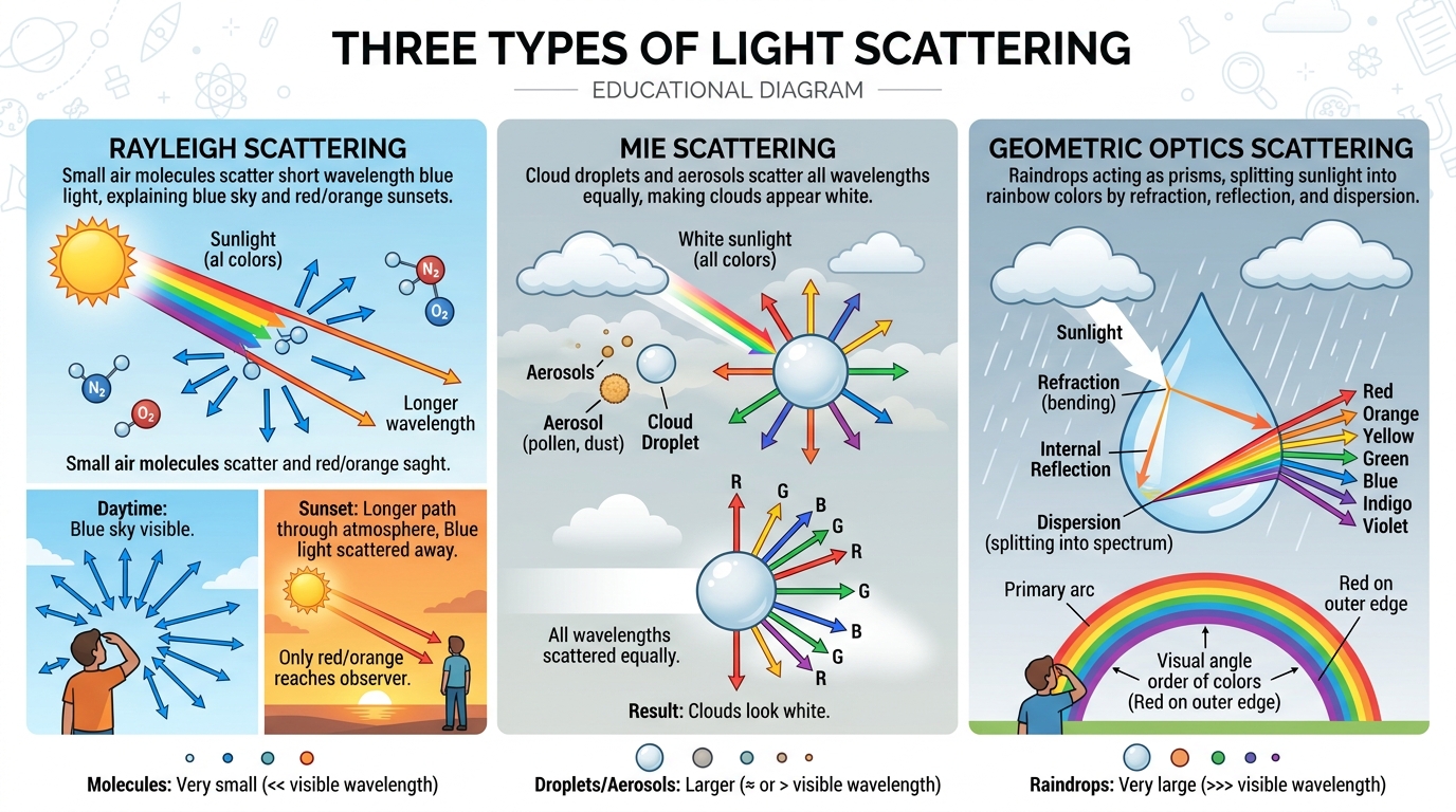 散乱の3種類（レイリー散乱・ミー散乱・幾何光学的散乱）の概念図