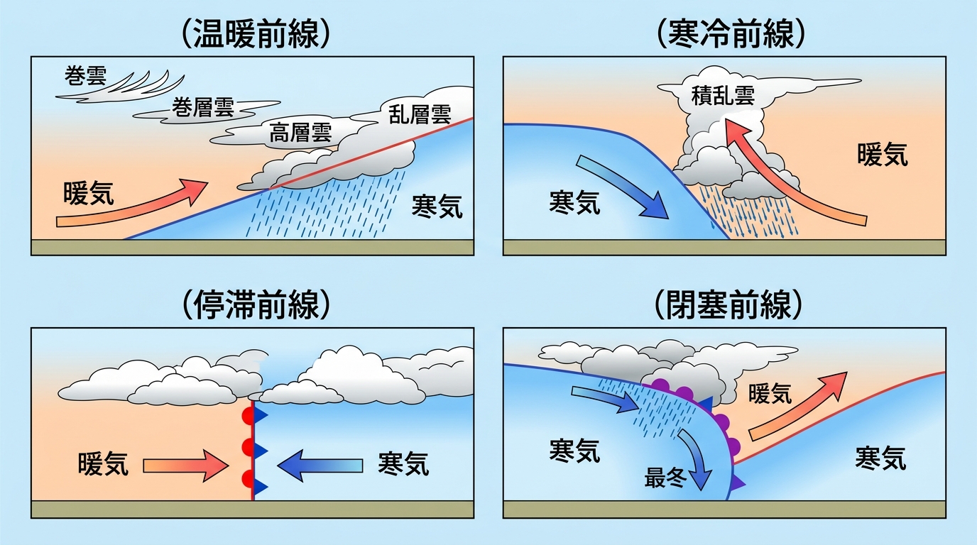4種類の前線（温暖前線・寒冷前線・閉塞前線・停滞前線）の概念図