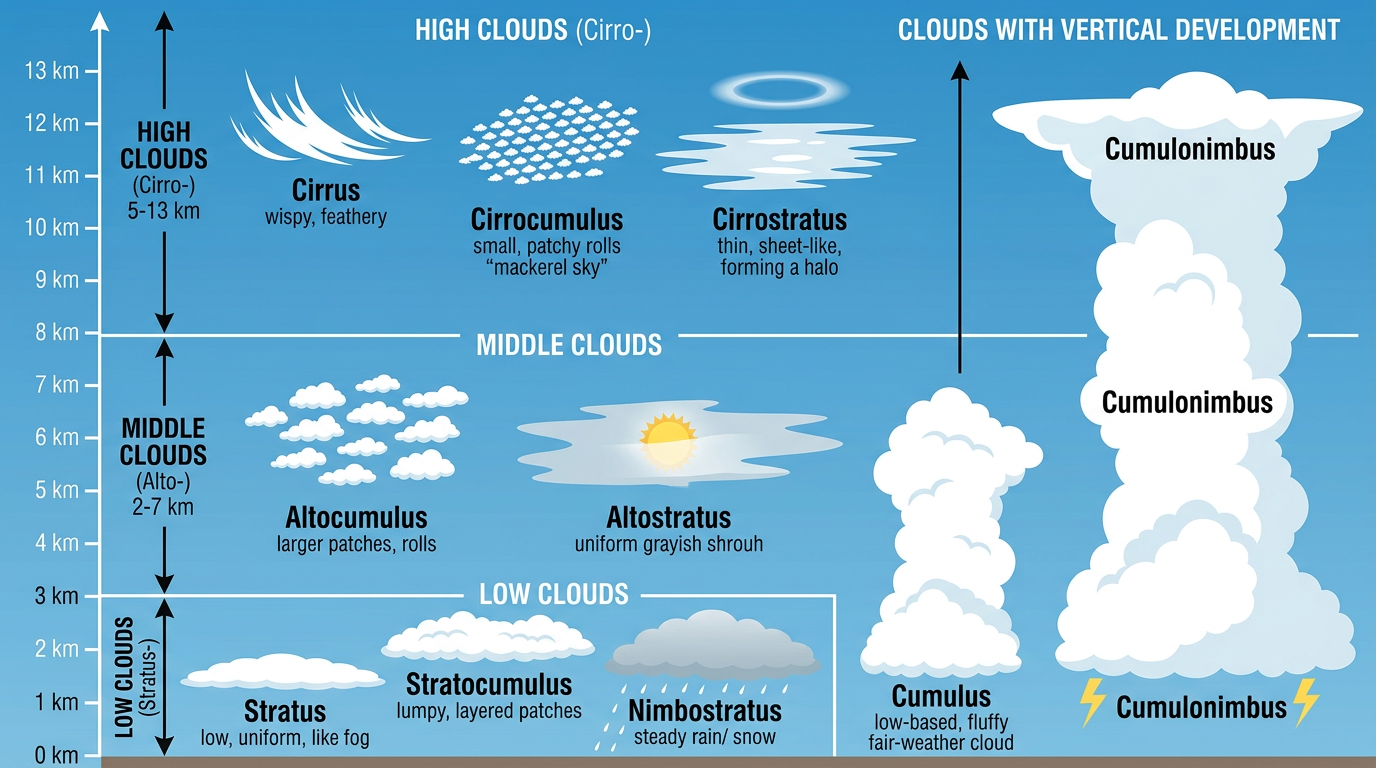 10種雲形の高度別分類図（上層雲・中層雲・下層雲・対流雲）