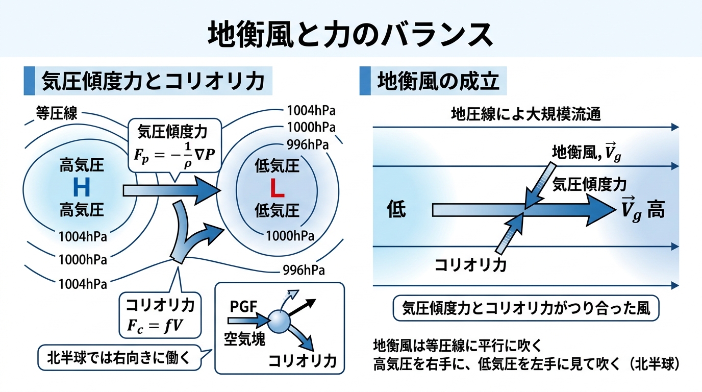 気圧傾度力とコリオリ力・地衡風の概念図