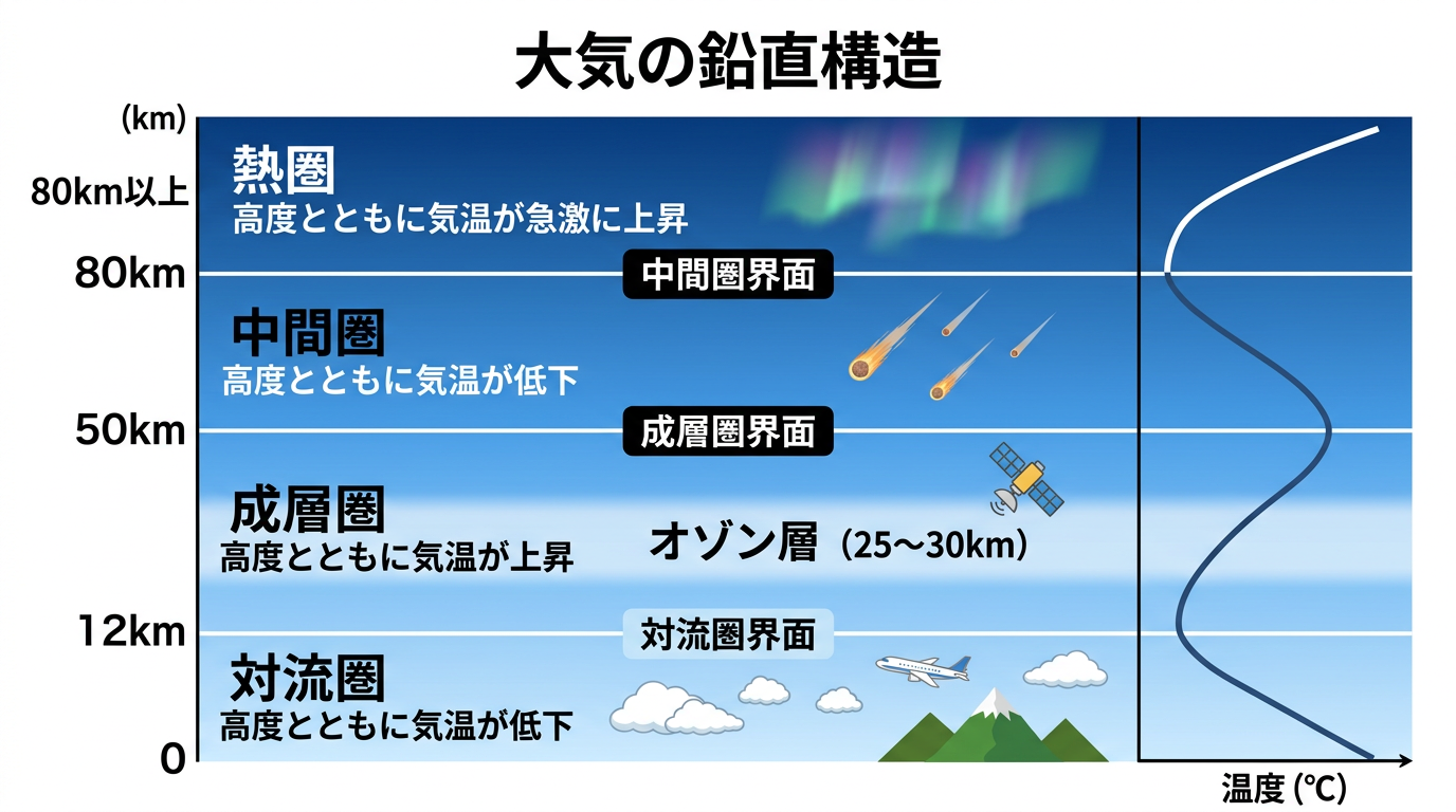 大気の鉛直構造：4層の気温分布と特徴