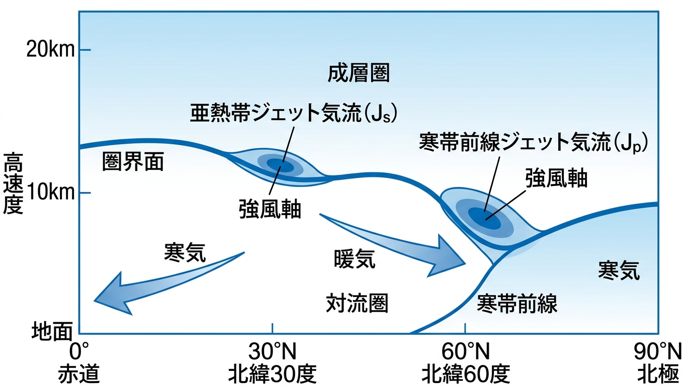 亜熱帯ジェット気流と寒帯前線ジェット気流の概念図