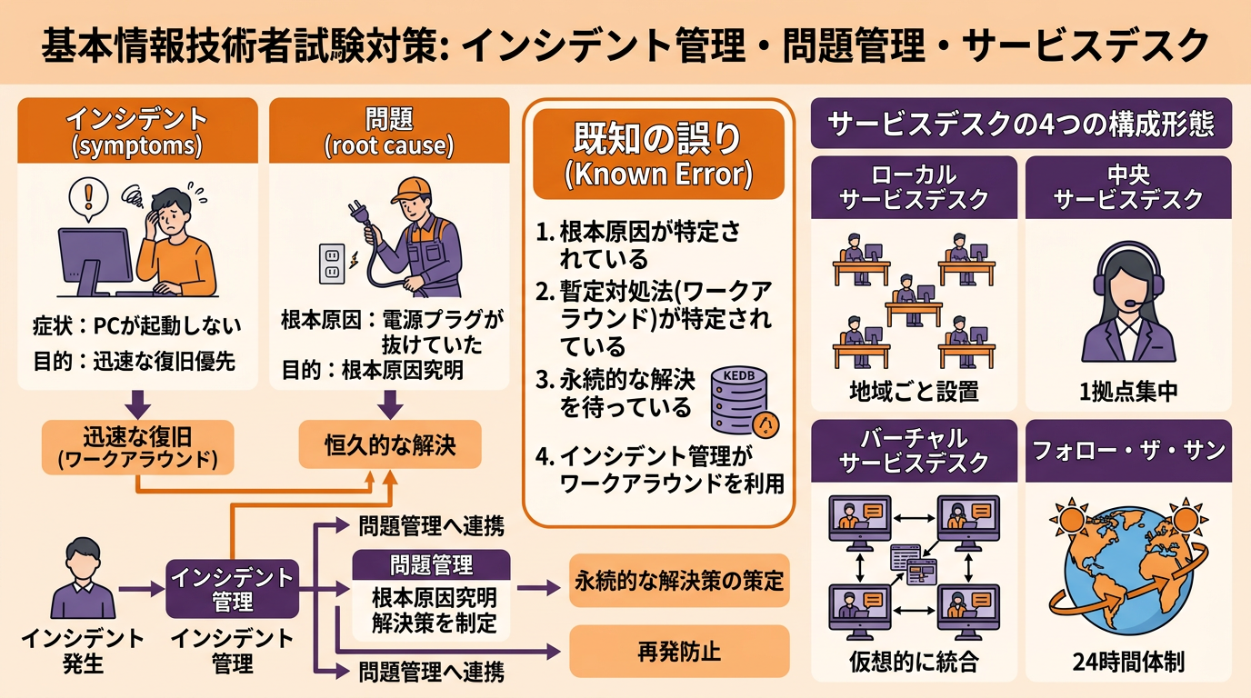 インシデント管理・問題管理・既知の誤りとサービスデスクの4種類