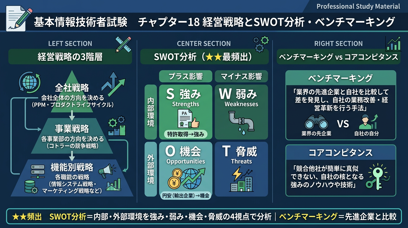 経営戦略とSWOT分析・ベンチマーキングの図解