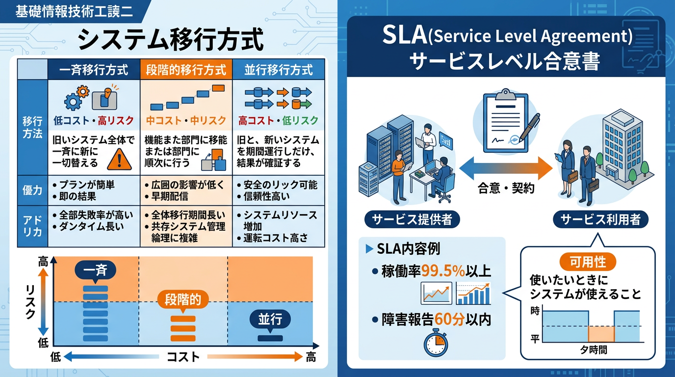 システム移行方式の比較とSLA（サービスレベル合意書）