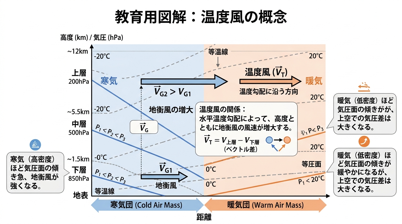 温度風の概念図（寒気・暖気と地衡風の鉛直変化）