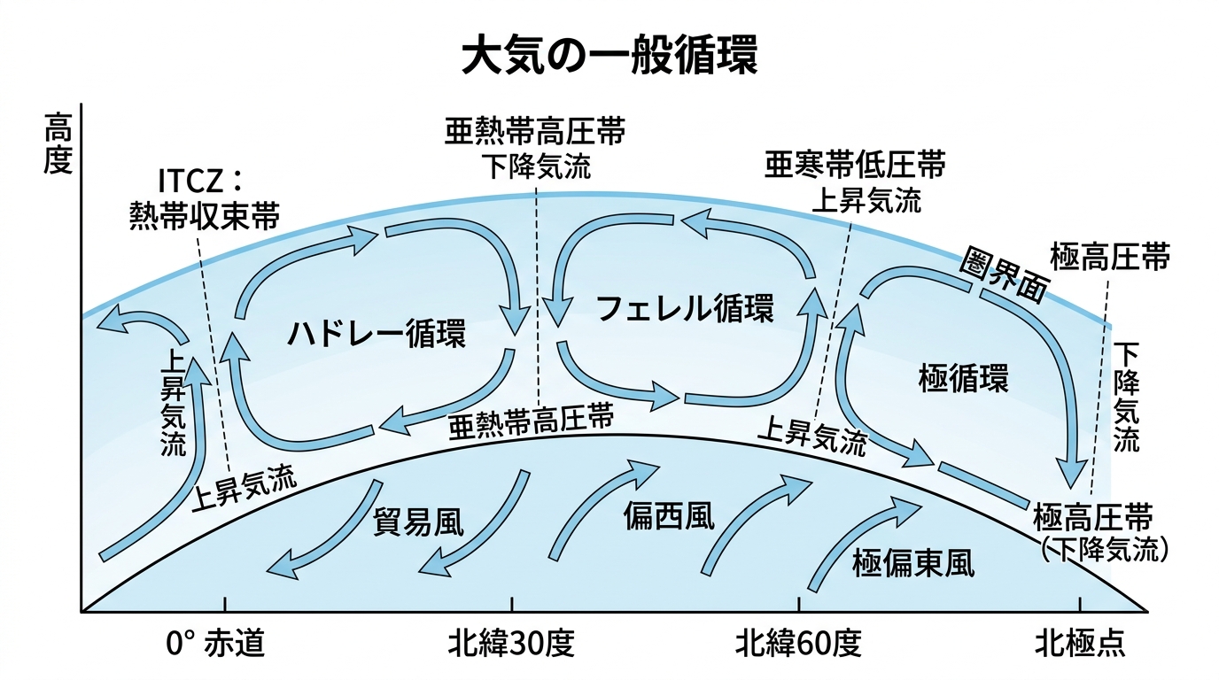 大気の大循環（ハドレー循環・フェレル循環・極循環）の概念図