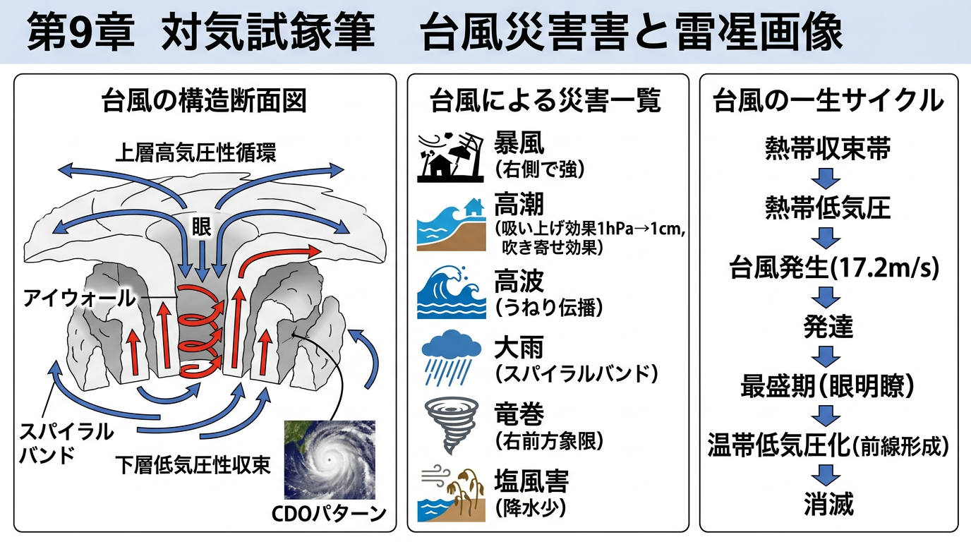 台風の構造断面図・台風による災害一覧・台風の一生サイクル