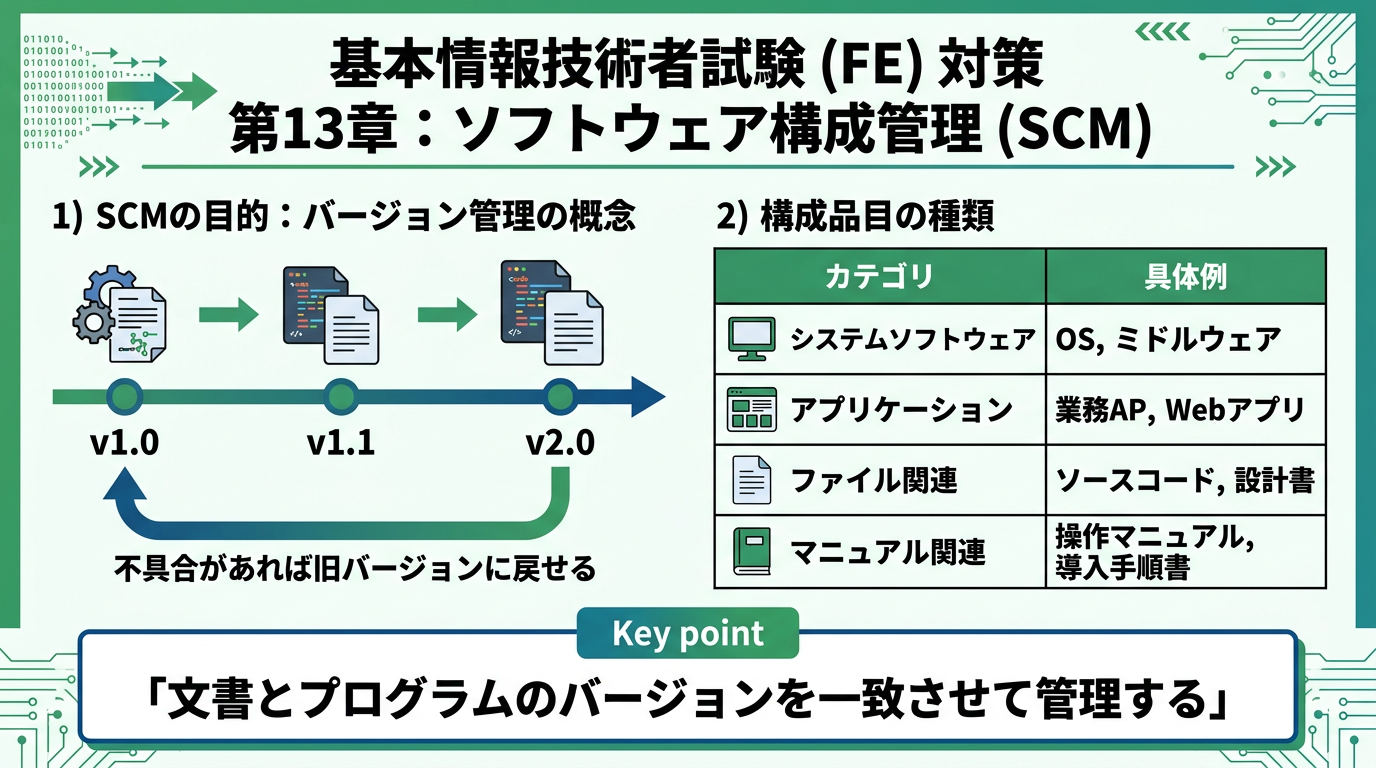 ソフトウェア構成管理（SCM）のバージョン管理概念図