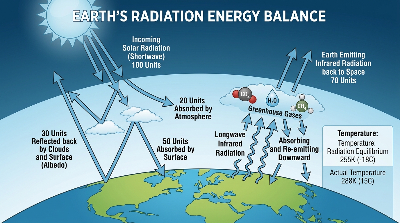 地球のエネルギー収支と温室効果の概念図
