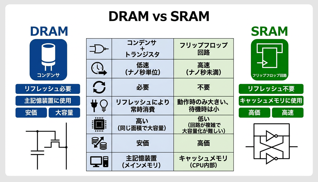 DRAMとSRAMの比較