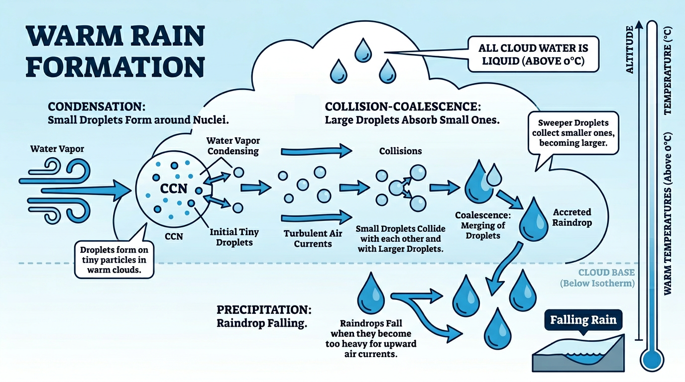 暖かい雨の成長過程：凝結過程と併合過程の模式図