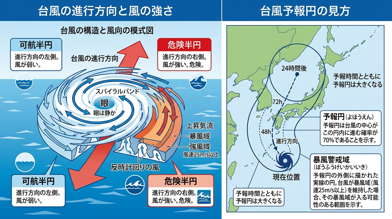 台風の構造・危険半円・可航半円・予報円・暴風警戒域の概念図
