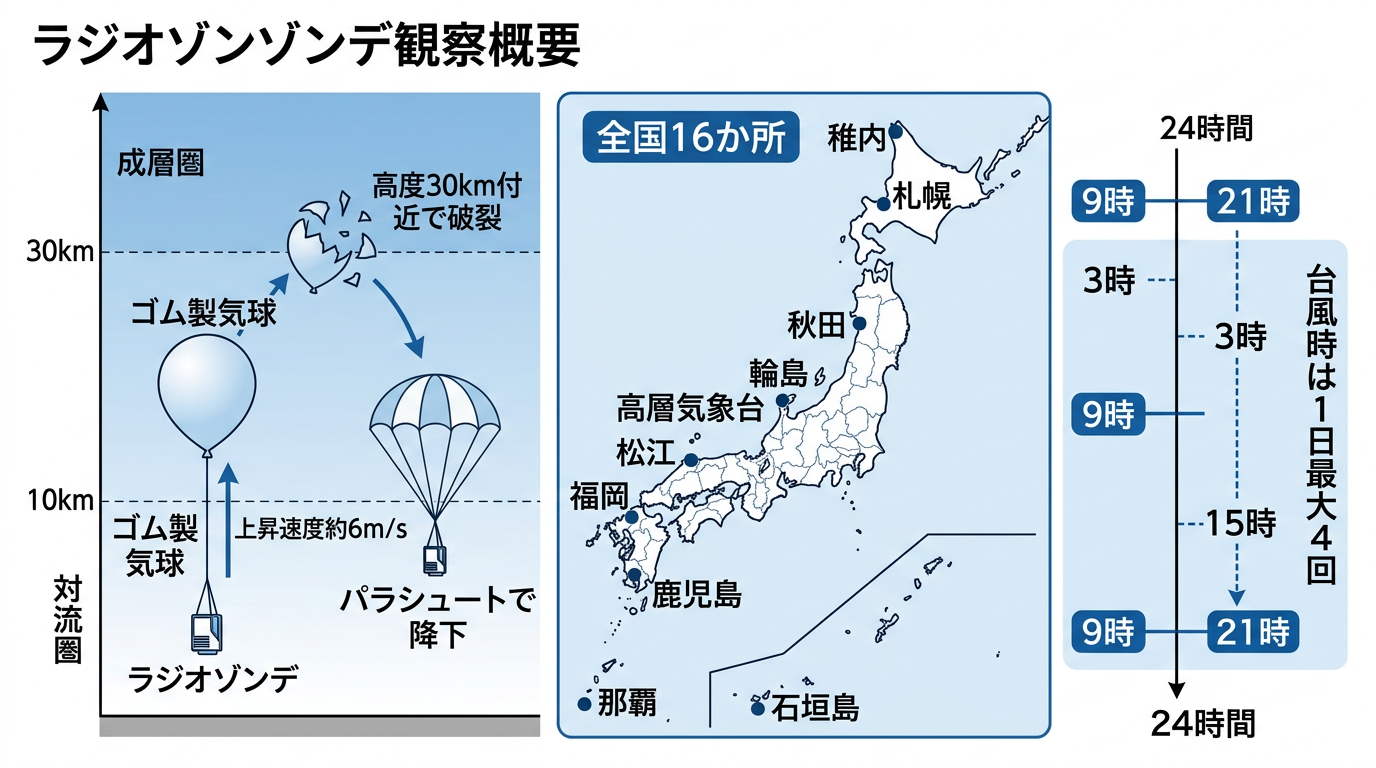 ラジオゾンデ観測の仕組みと観測網の教育図