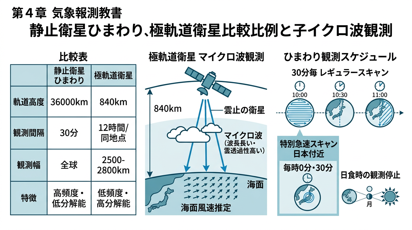 静止衛星と極軌道衛星の比較と特徴的な雲パターンの教育図
