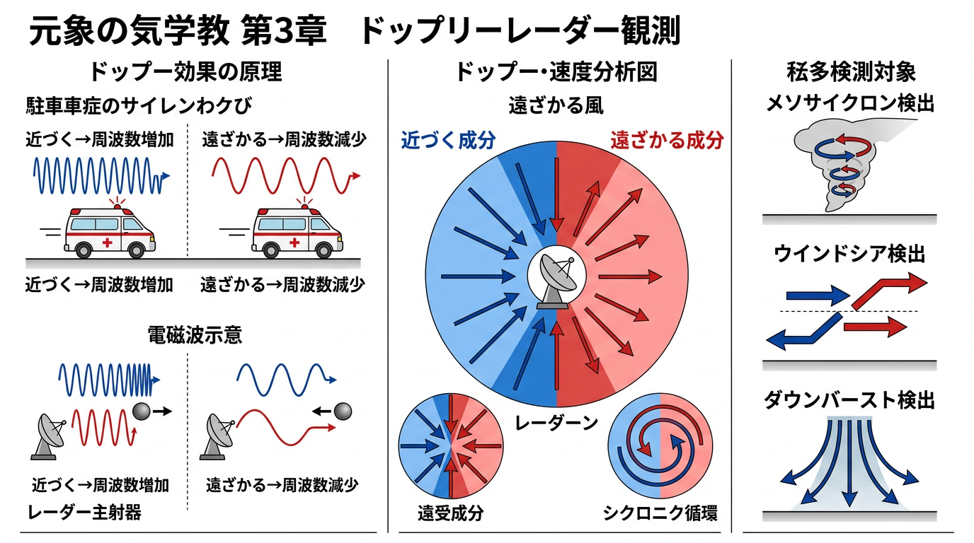気象ドップラーレーダーの原理と観測の教育図