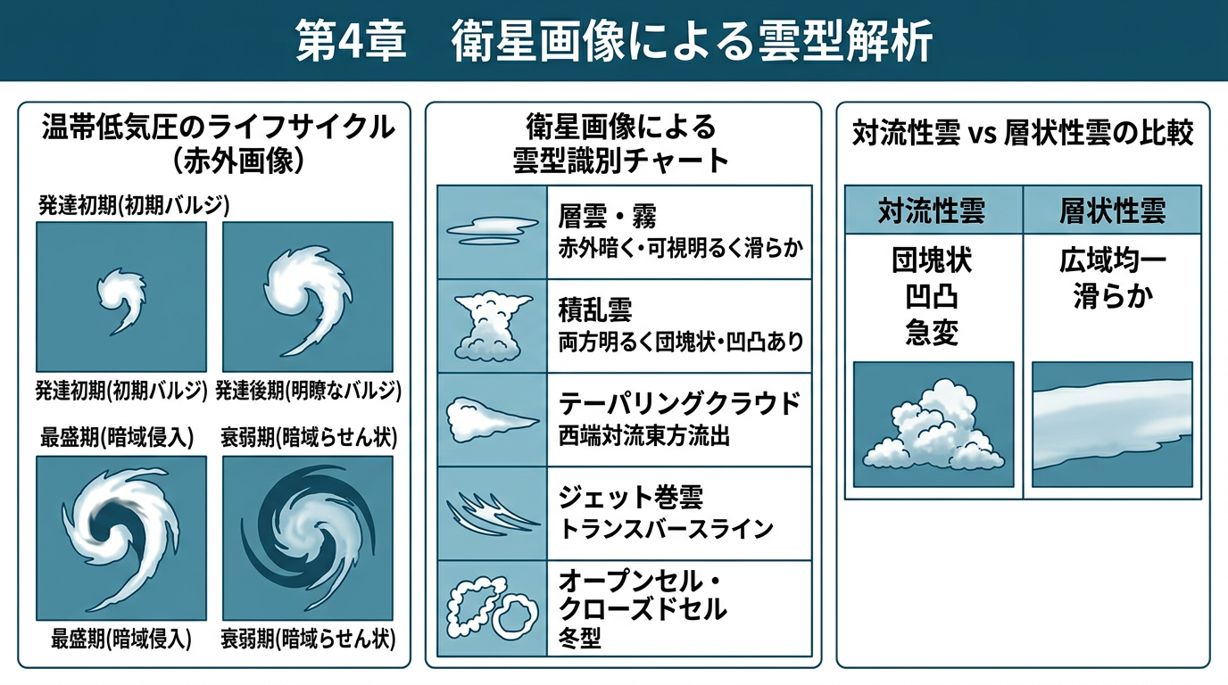 温帯低気圧のライフサイクルと雲種類解析の教育図