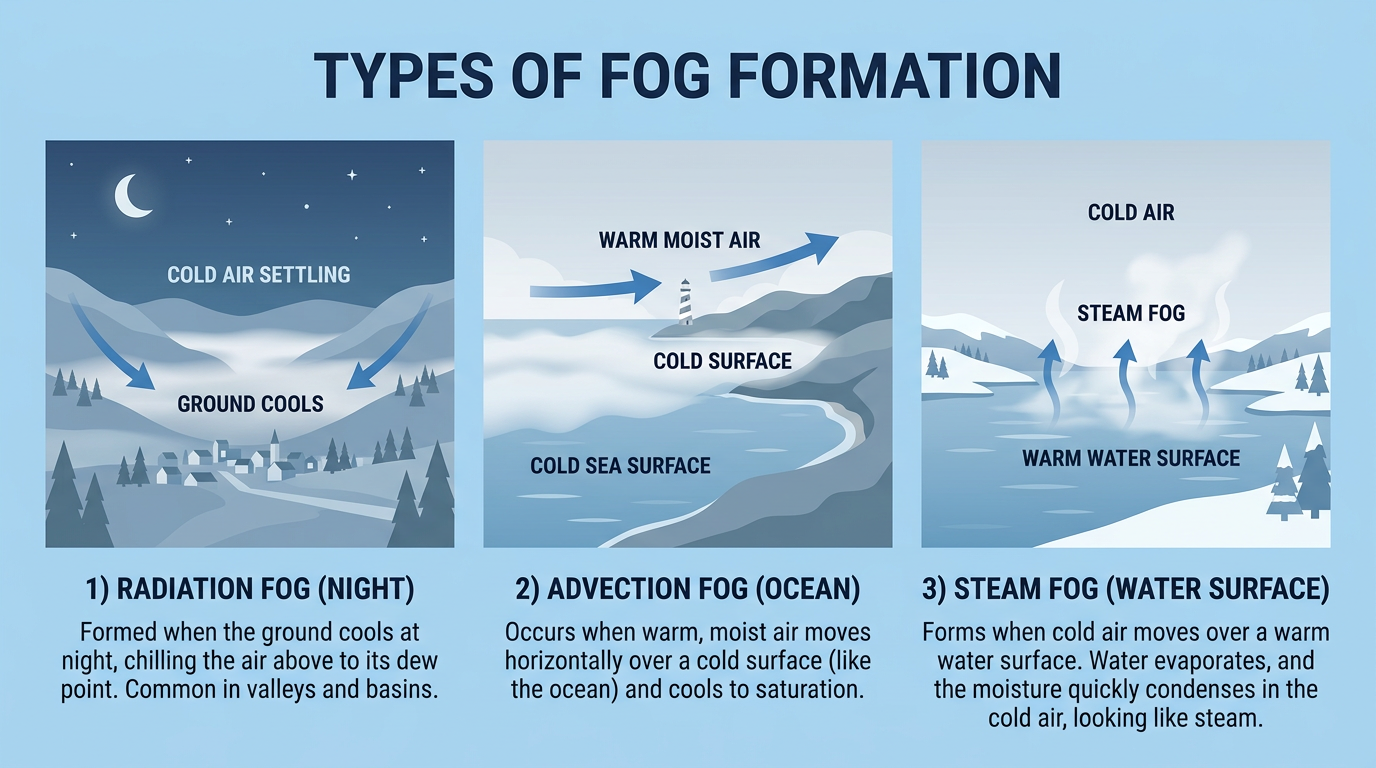 霧の種類の比較イラスト（放射霧・移流霧・蒸気霧）