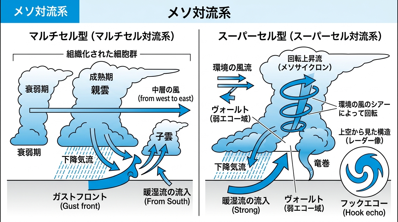 メソ対流系（マルチセル型・スーパーセル型）の概念図