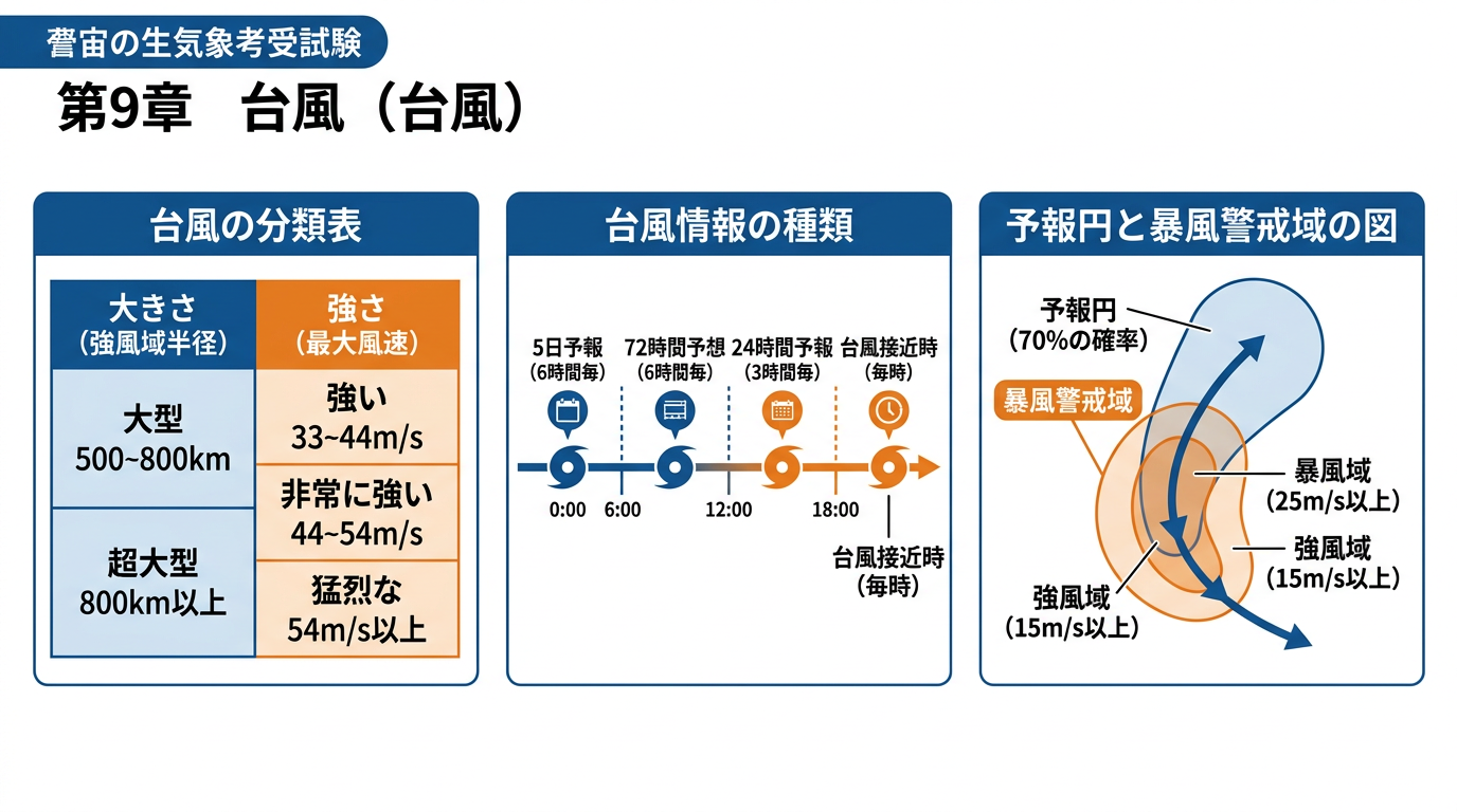 台風の分類表・台風情報の種類・予報円と暴風警戒域の概念図
