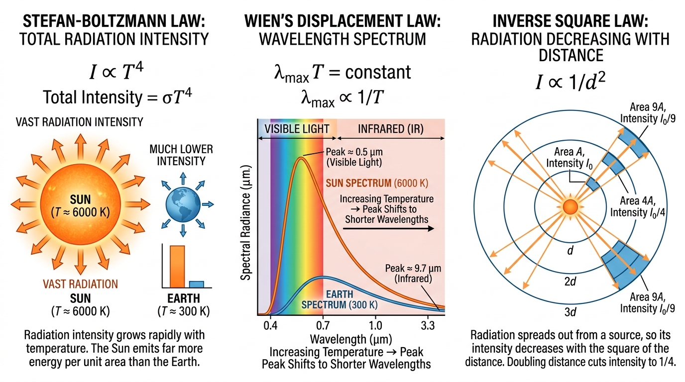 黒体放射（ステファン・ボルツマンの法則とウィーンの変位則）の概念図
