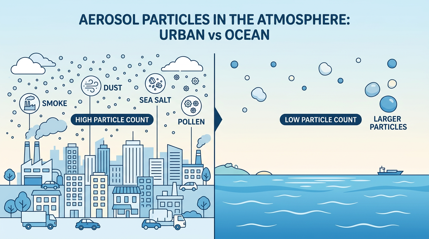 大気中に浮遊するエアロゾル粒子のイラスト（陸上と海上の比較）
